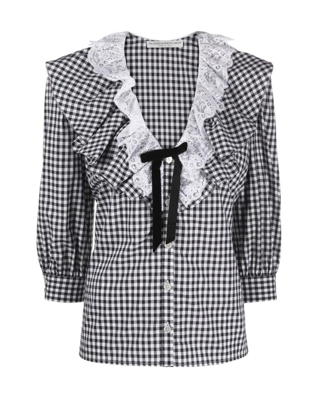 Alessandra Rich Gray Check-Print Ruffle-Collar Shirt