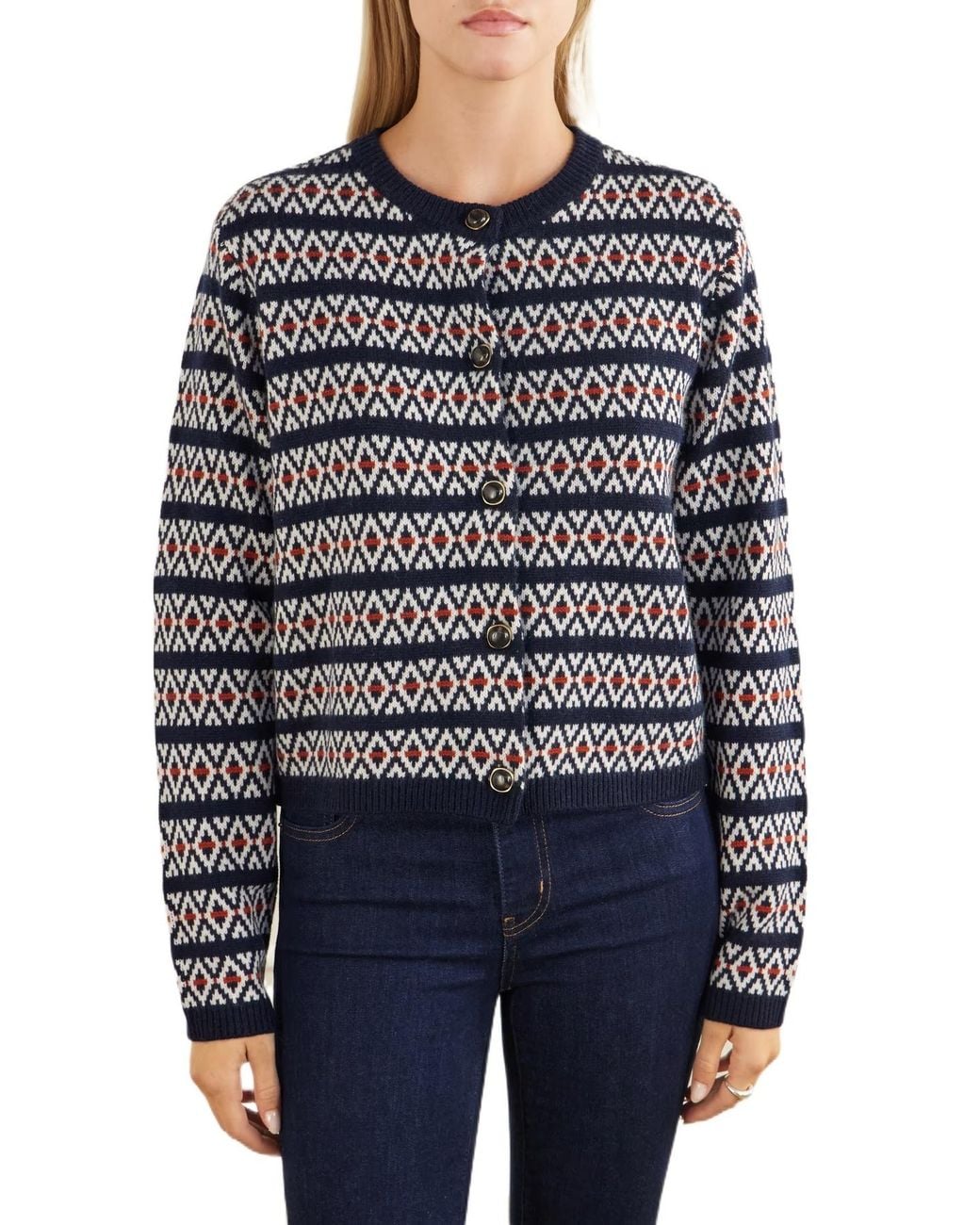 FRAME Blue Fair-Isle-Pattern Cardigan
