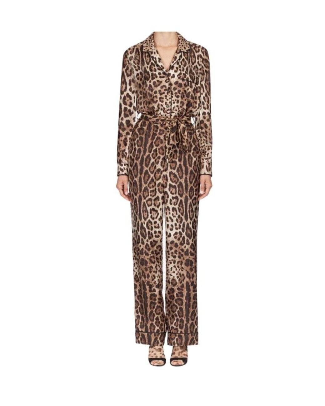 Dolce & Gabbana Brown Leopard-Printed Long-Sleeved Pajama Jumpsuit