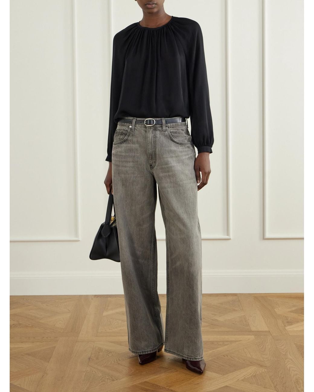 Nili Lotan Black Gathered Silk-Chiffon Blouse