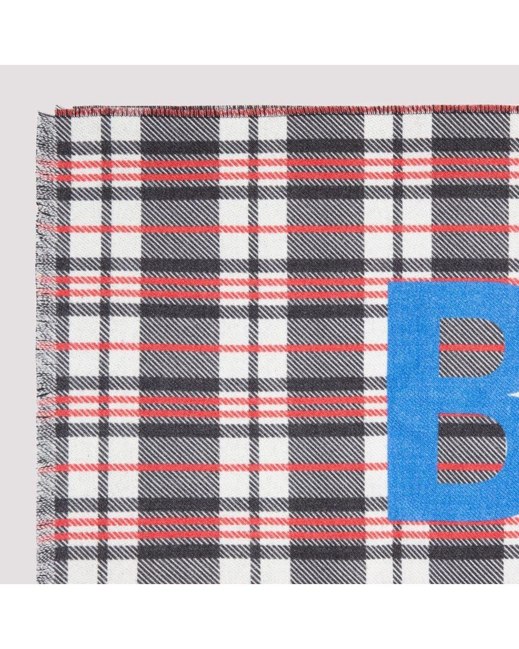 Balenciaga Blue Logo Print Check Scarf