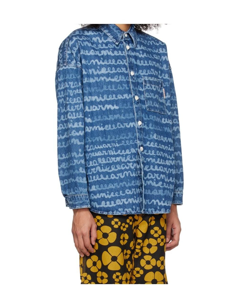 Marni Blue Logo Printed Buttoned Denim Shirt for men