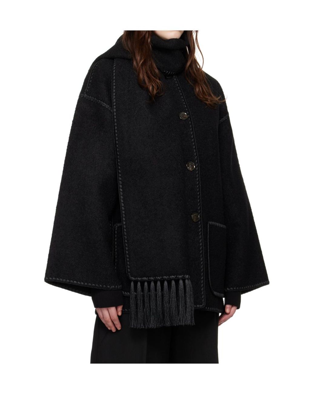 Totême Black Totême Dropped-Shoulder Fringed-Edge Scarf Jacket