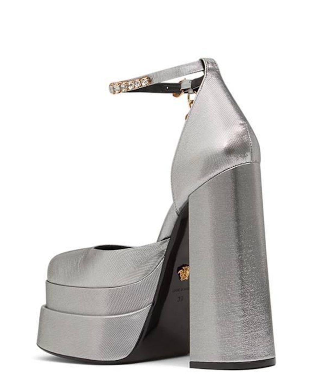 Versace Gray Block Heel Mules With Ankle Strap