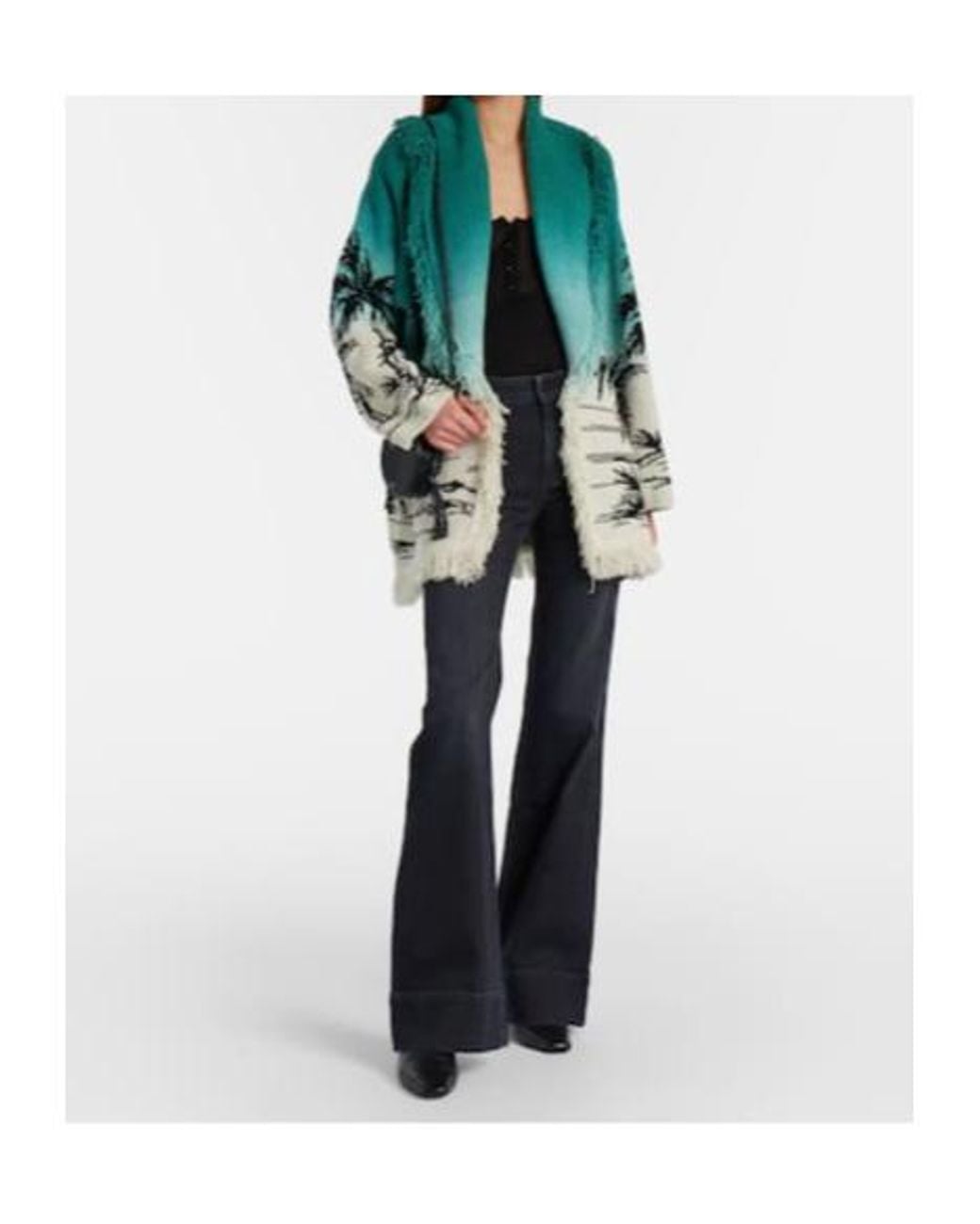 Alanui Green Wave Bloom Fringed Cotton-Blend Jacquard Cardigan