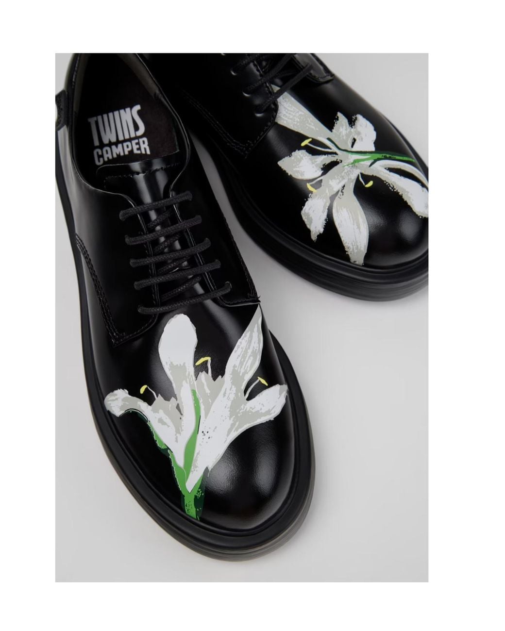 Camper Black Twins Floral-Print Leather Derby Shoes