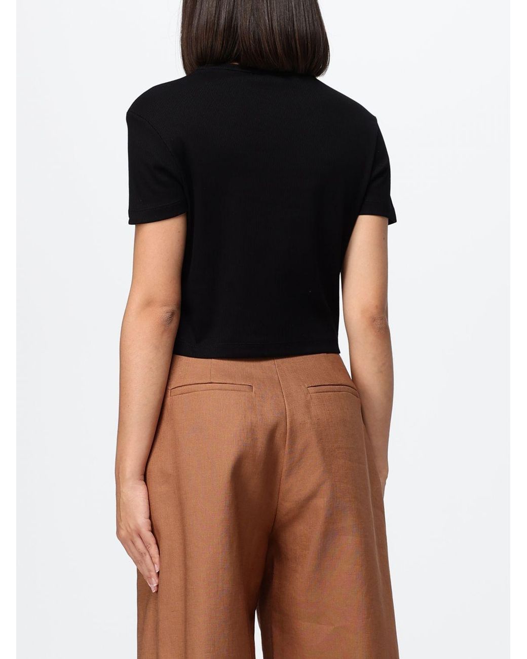 Fendi Black Cropped Ribbed Logo-Patch T-Shirt