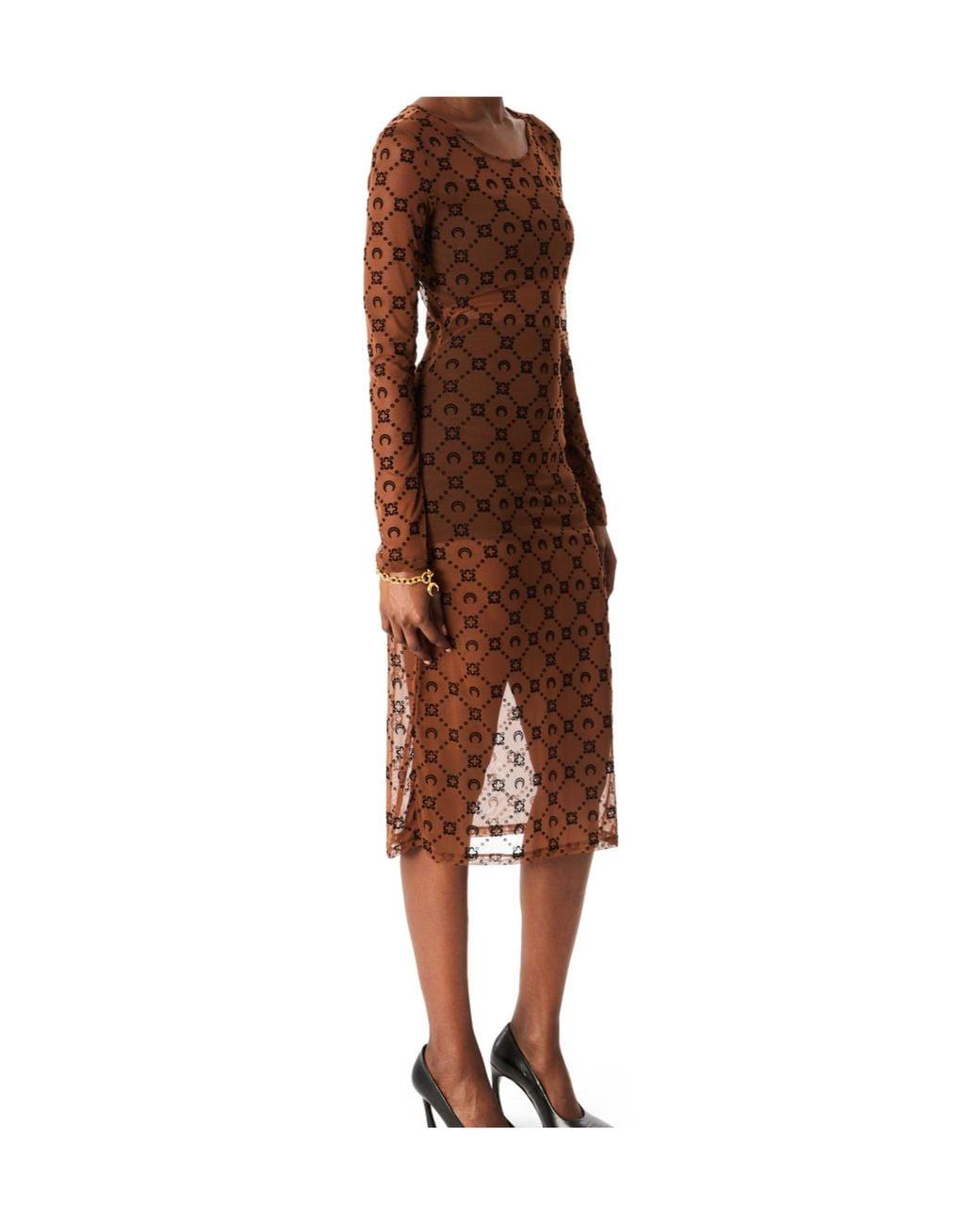 MARINE SERRE Brown Moonogram Mesh Flock Long Sleeves Midi Crewneck Dress