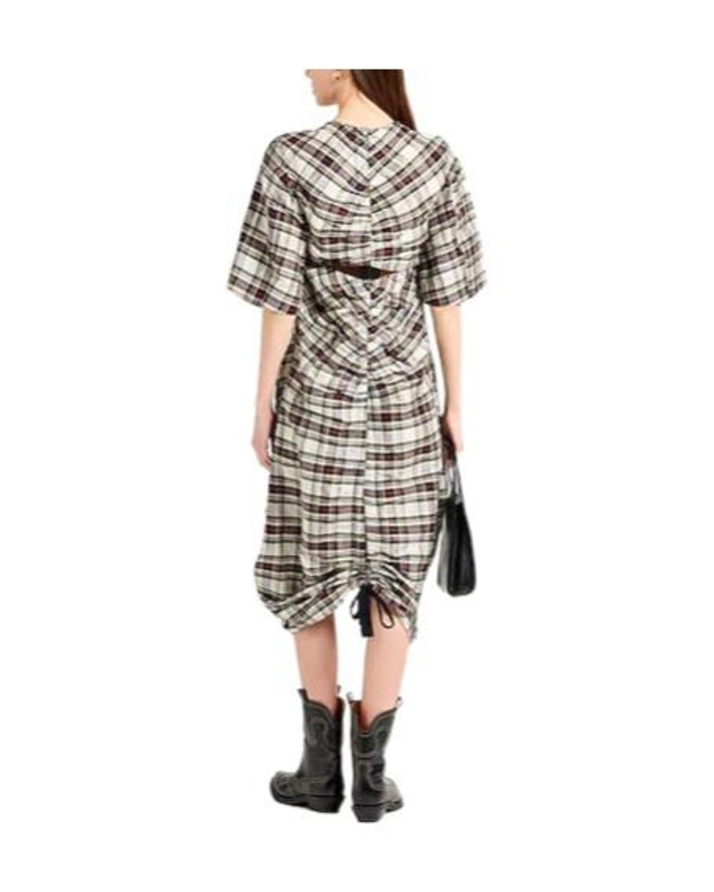 Ganni Gray Plaid Short-Sleeve Dress