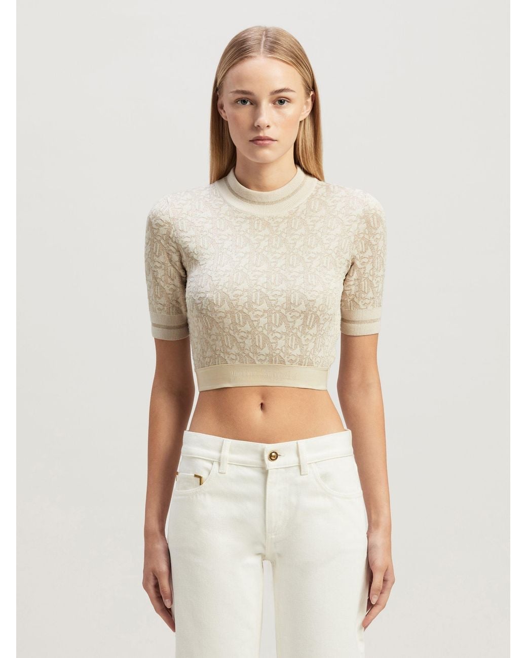 Palm Angels White Monogram-Jacquard Knitted Cropped Top
