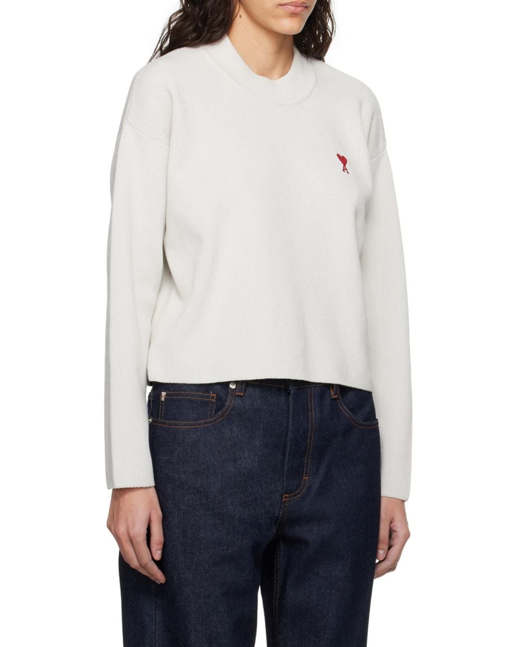 AMI White Ami De Coeur Logo Embroidered Knitted Jumper for men