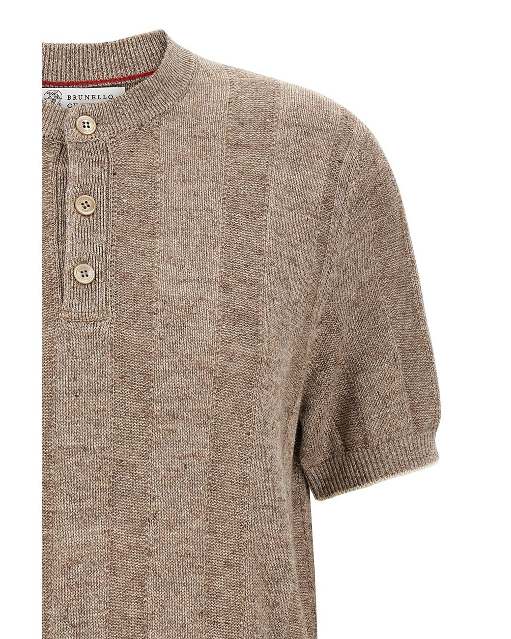 Brunello Cucinelli Brown Henley Collared Knit Polo Shirt for men