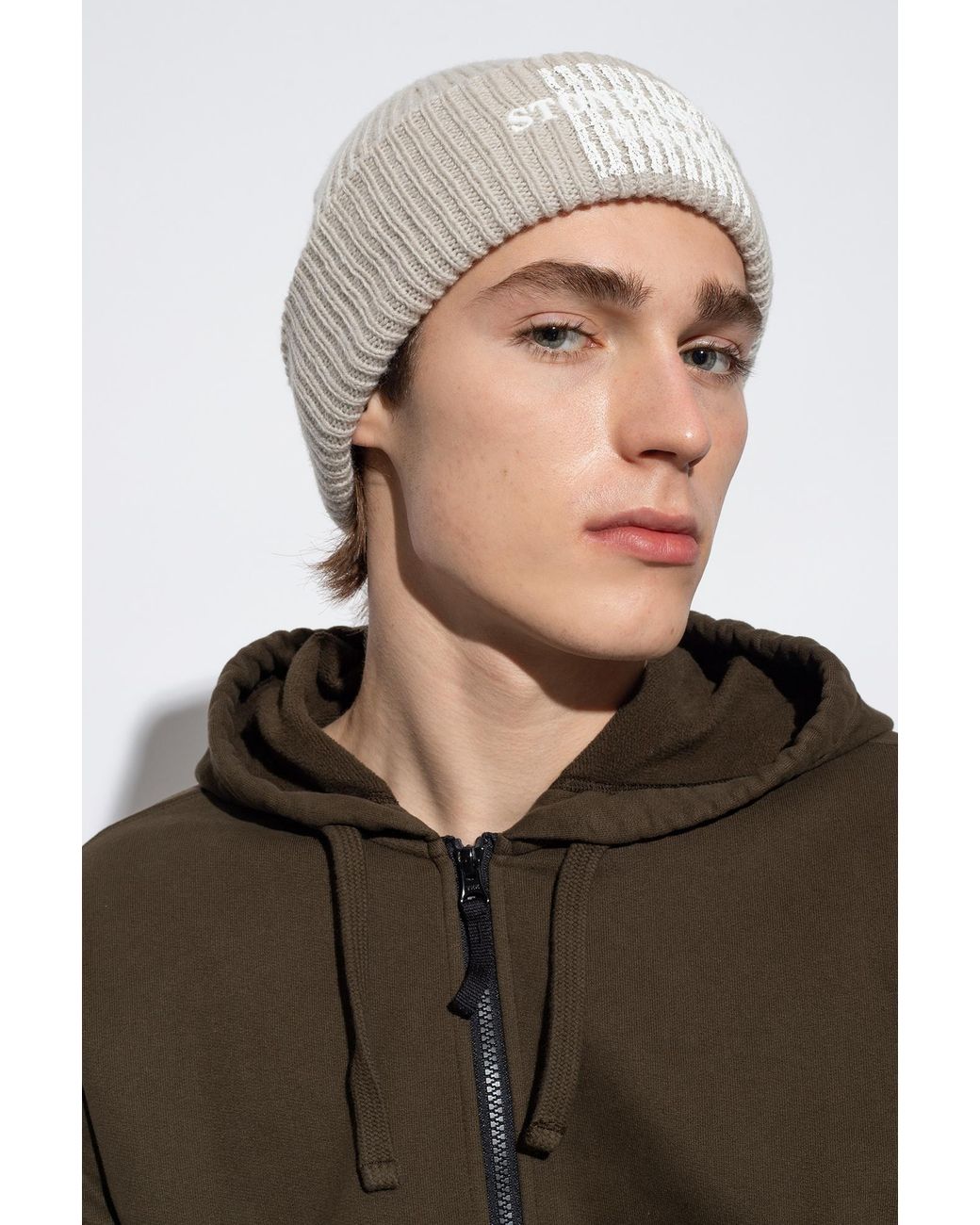 Stone Island White Logo Embroidered Knit Beanie for men