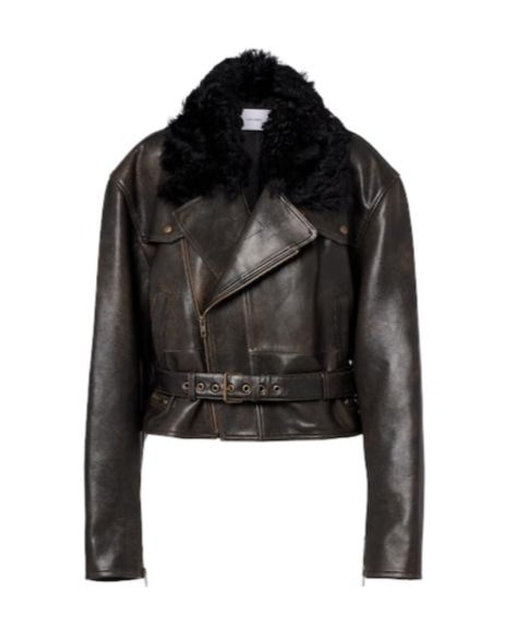 Alex Perry Black Shearling-Trimmed Cropped Leather Biker Jacket