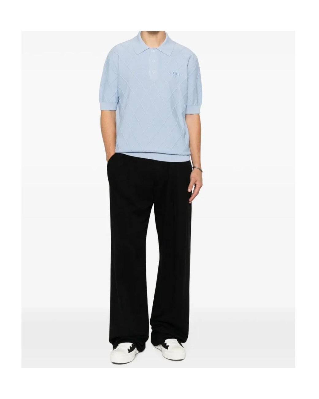 Balmain Blue Diamond-Knit Logo-Embroidered Polo Shirt for men