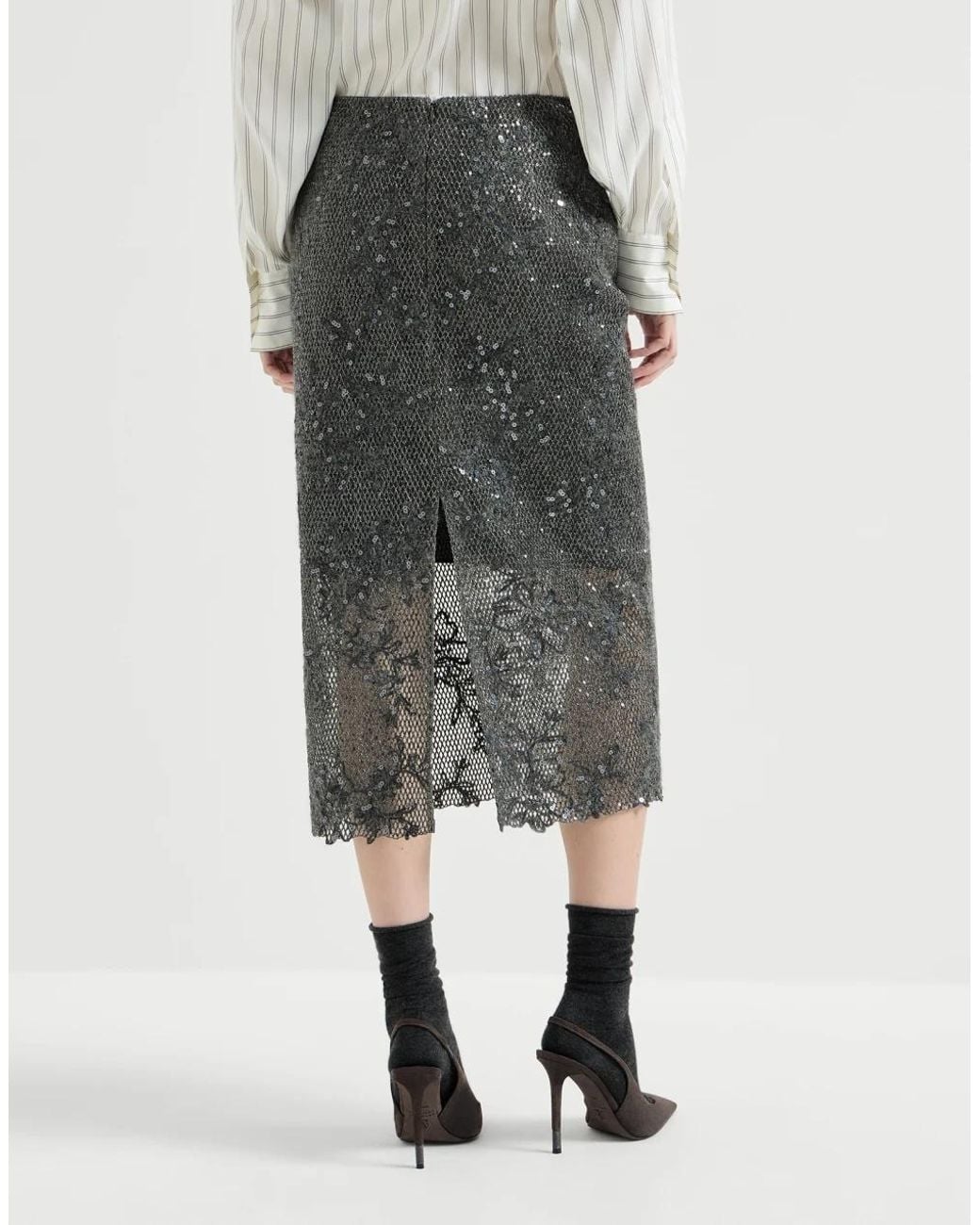 Brunello Cucinelli Gray Dazzling Lace Embroidery Pencil Skirt