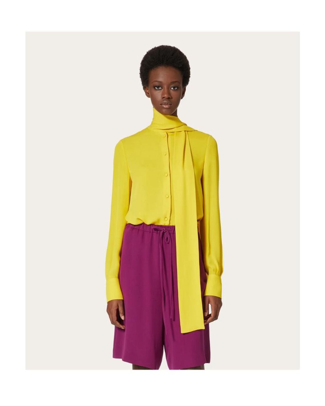 Valentino Yellow Pussy-Bow Collar Silk Shirt