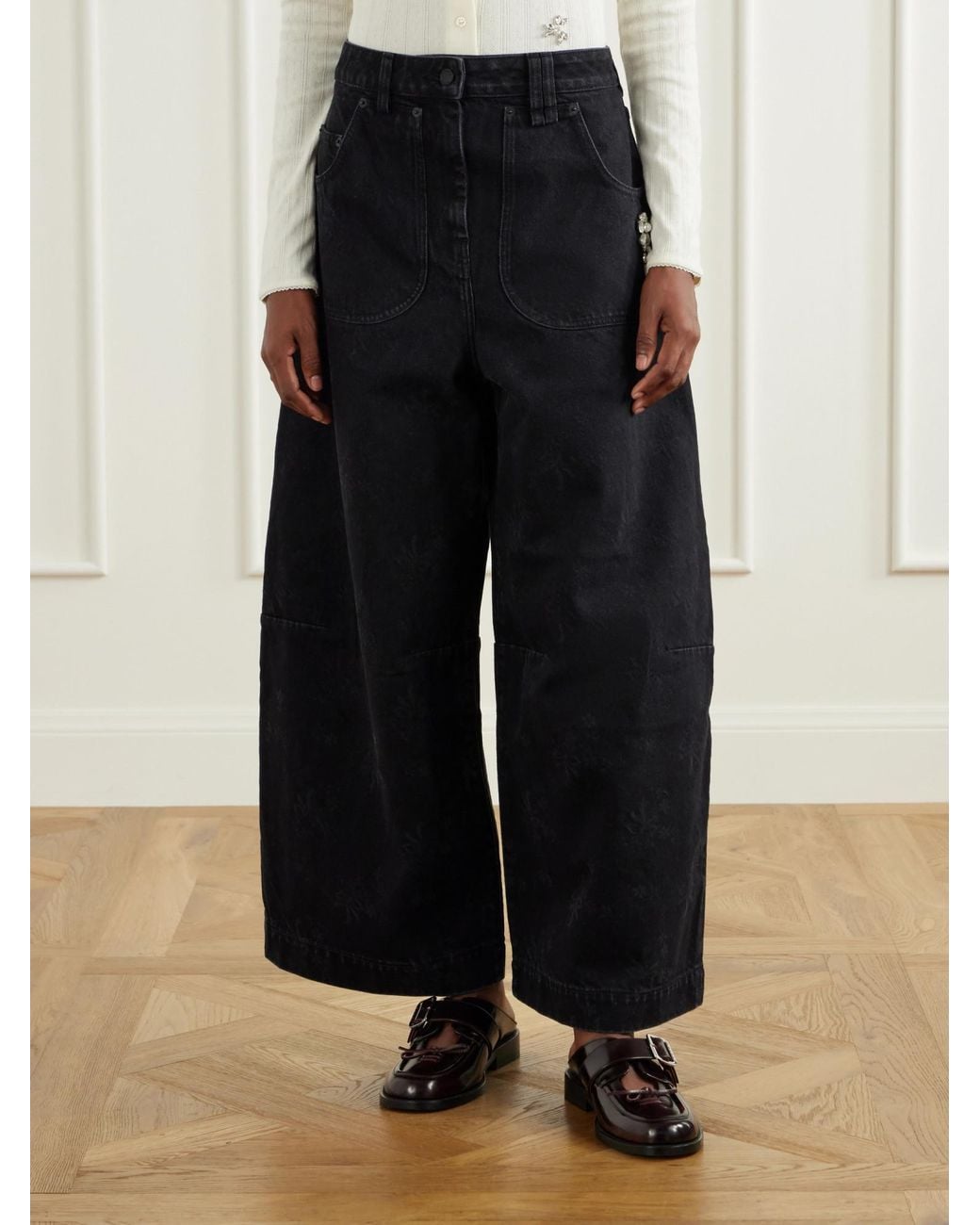 Simone Rocha Blue Floral-Print Mid-Rise Wide-Leg Jeans
