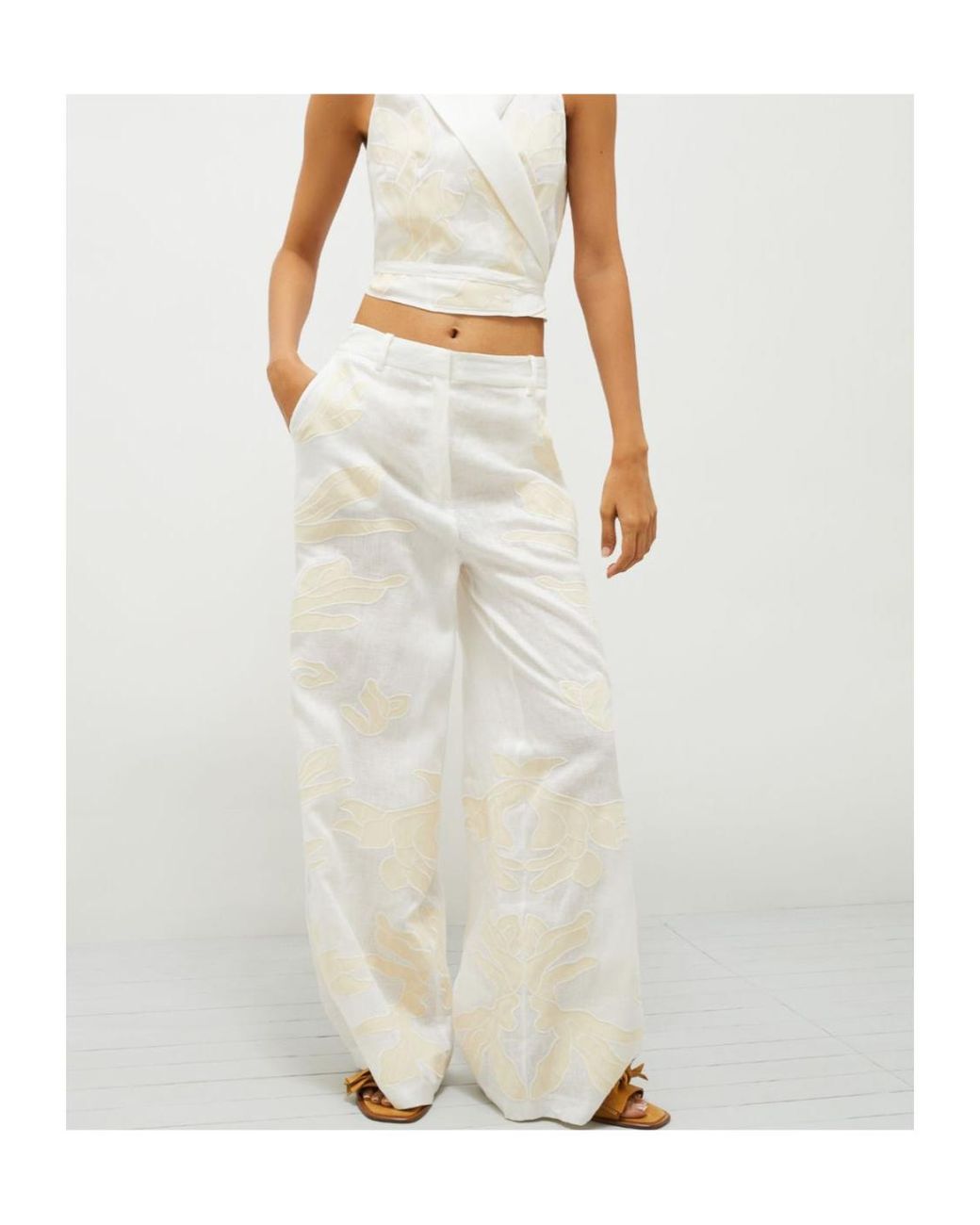 Marella White Embroidered Linen Trousers