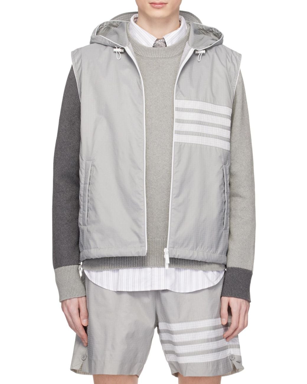 Thom Browne White Bar Stripe Ripstop Hooded Gilet for men
