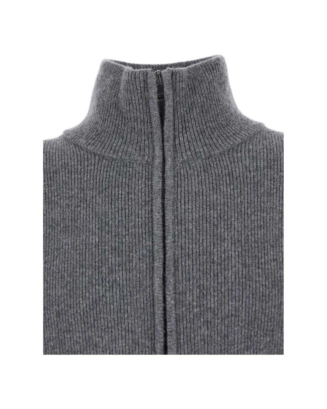 Roberto Collina Gray High Neck Ribbed Knit Cardigan for men