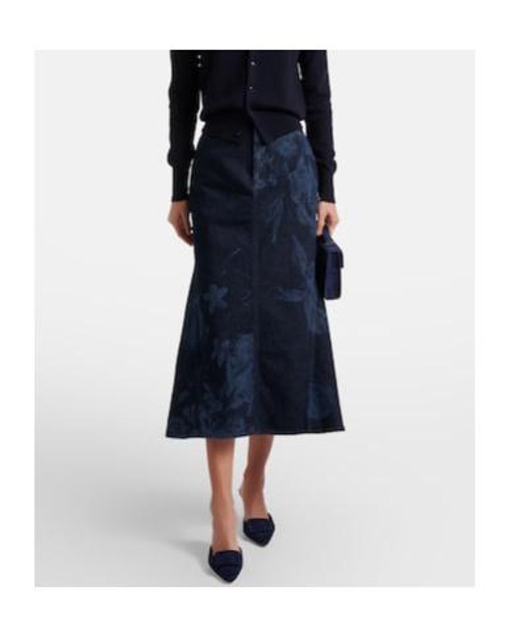 Erdem Blue Floral Flared Denim Midi Skirt