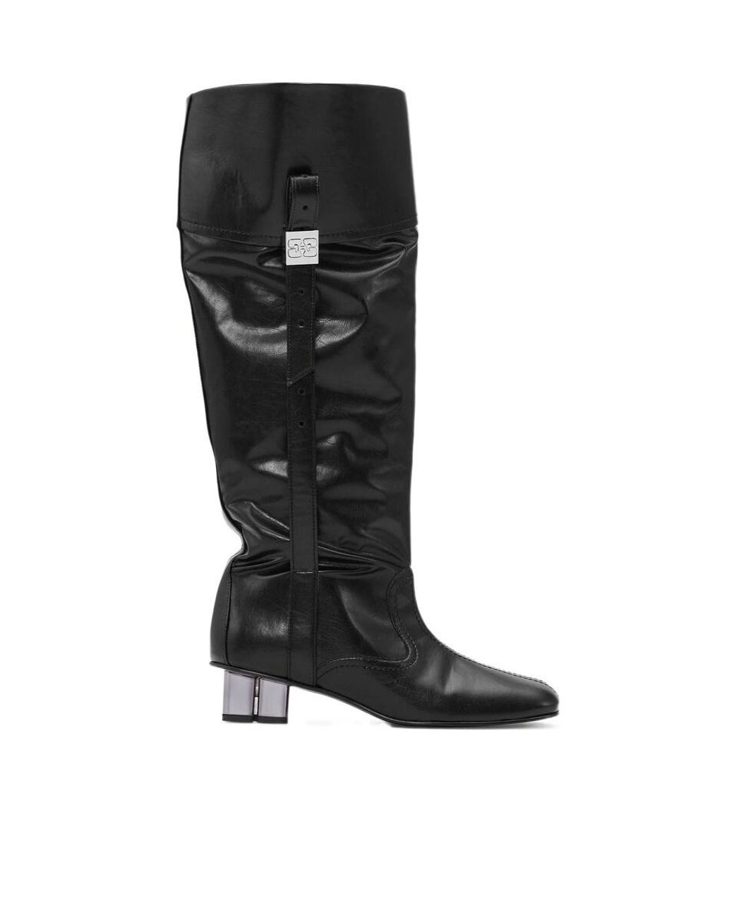 Ganni Black Slouchy Gathered Heeled Boots