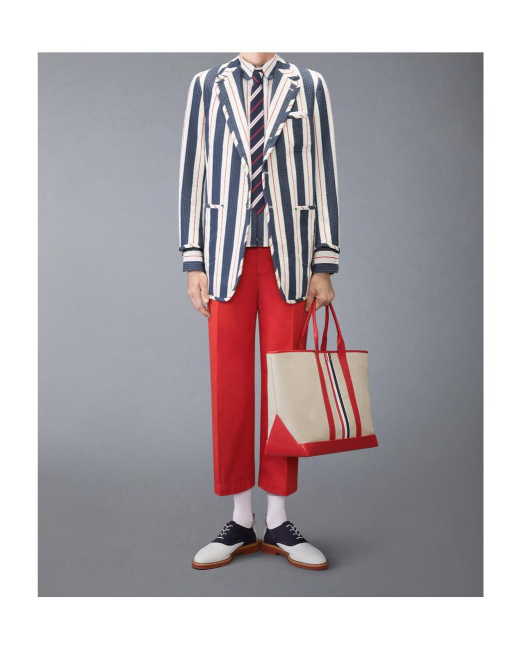 Thom Browne Blue Rounded Collar Striped Zipped Shirt for men