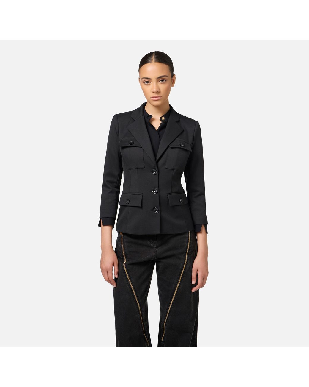 Elisabetta Franchi Black Single Breasted Pocket Detailed Blazer