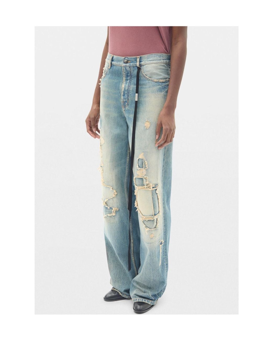 Ann Demeulemeester Blue Distressed Script-Print Jeans
