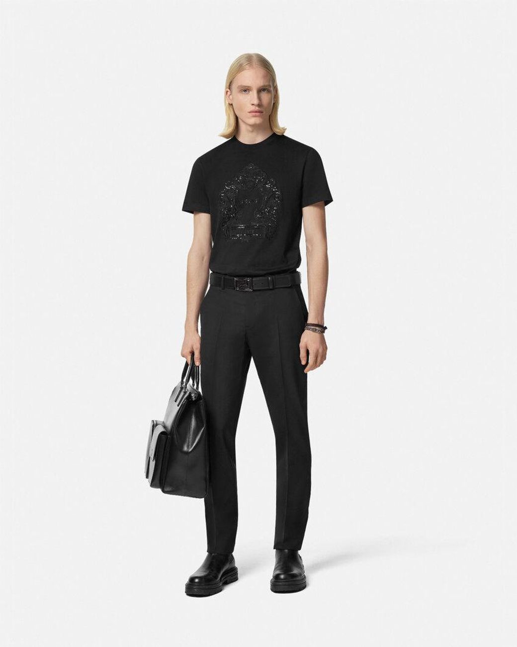 Versace Black Cartouche-Embellished Cotton T-Shirt for men