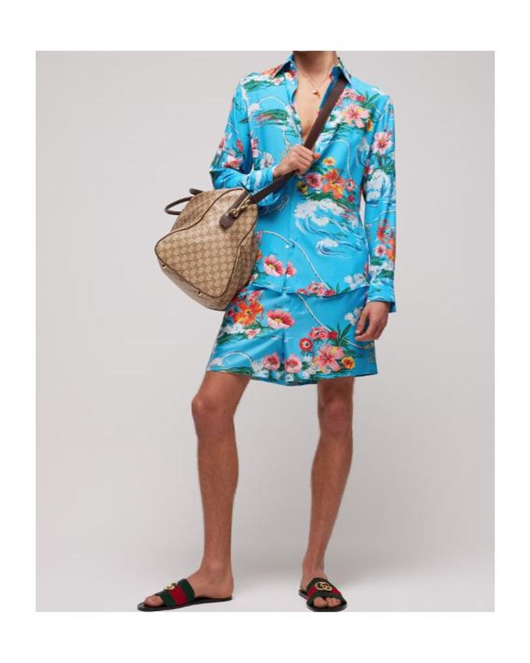 Gucci Blue Printed Collared Long-Sleeve Shirt for men