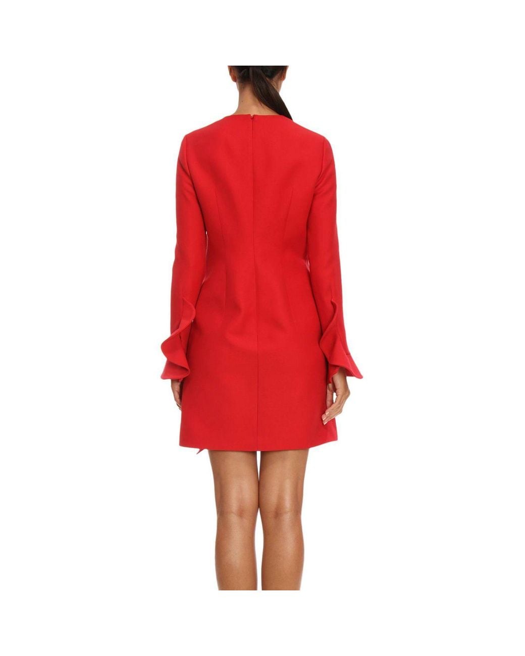 Valentino Red Ruffled Long-Sleeved Dress