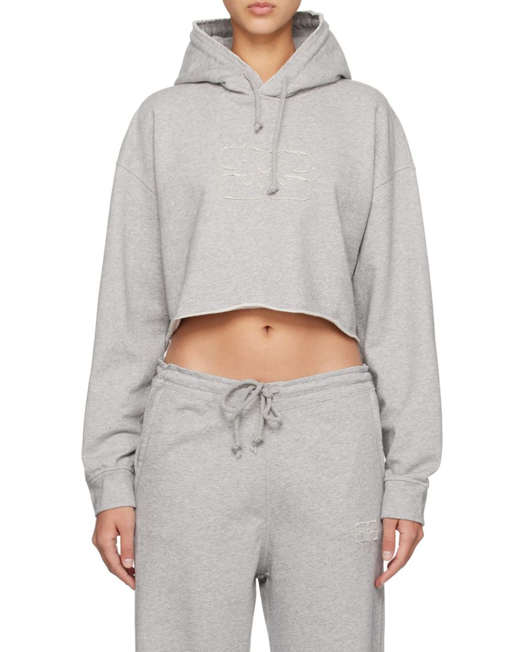 Ganni White Logo Embroidered Drawstring Cropped Hoodie