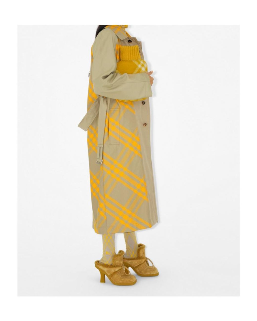 Burberry Yellow Checked Belted-Waist Reversible Trench Coat