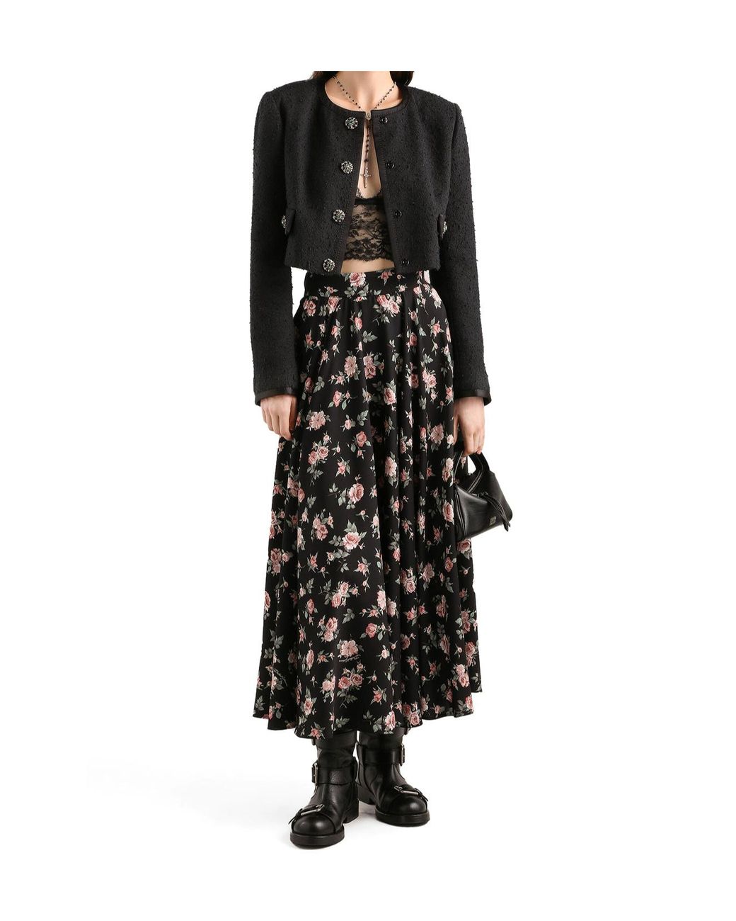 Dolce & Gabbana Black Floral-Print Midi Skirt