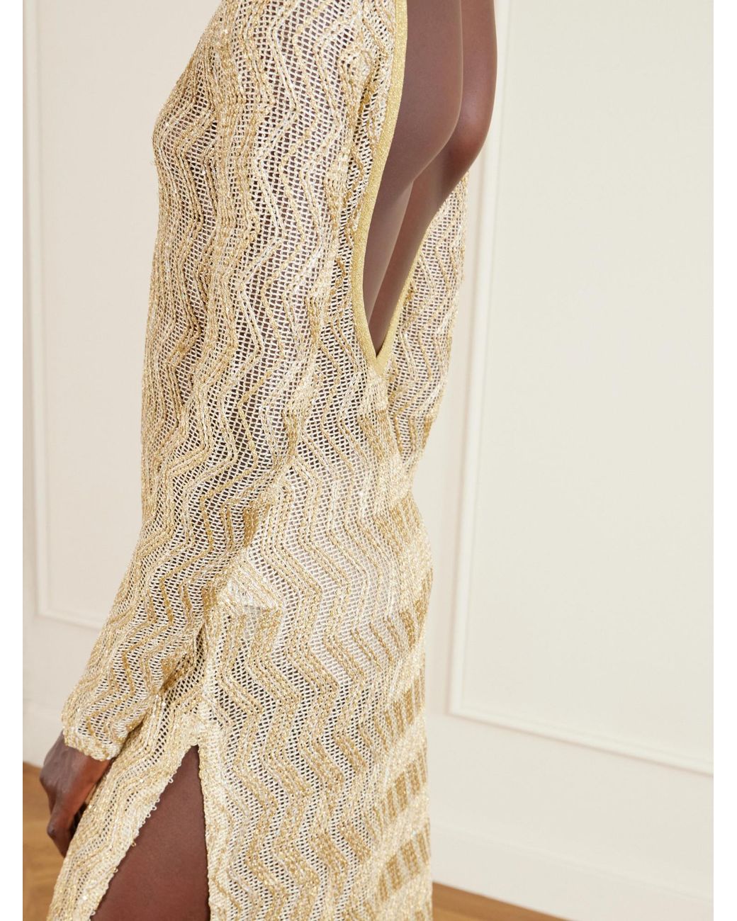 Missoni Natural Open-Back Metallic Crochet-Knit Maxi Dress