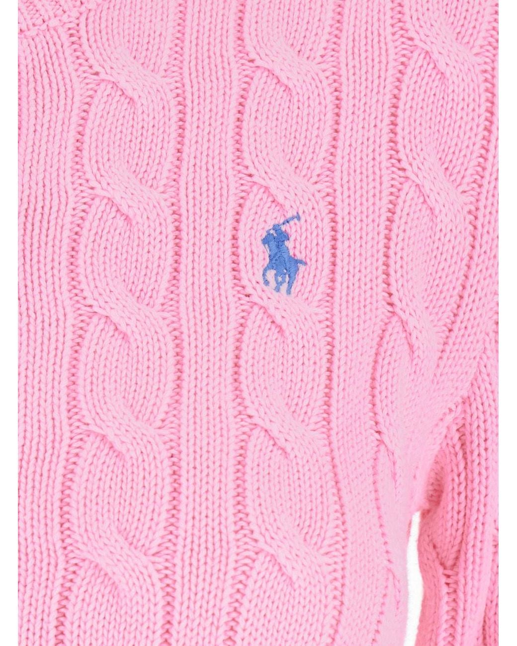 Polo Ralph Lauren Pink Cable-Knit Cotton Crewneck Cardigan