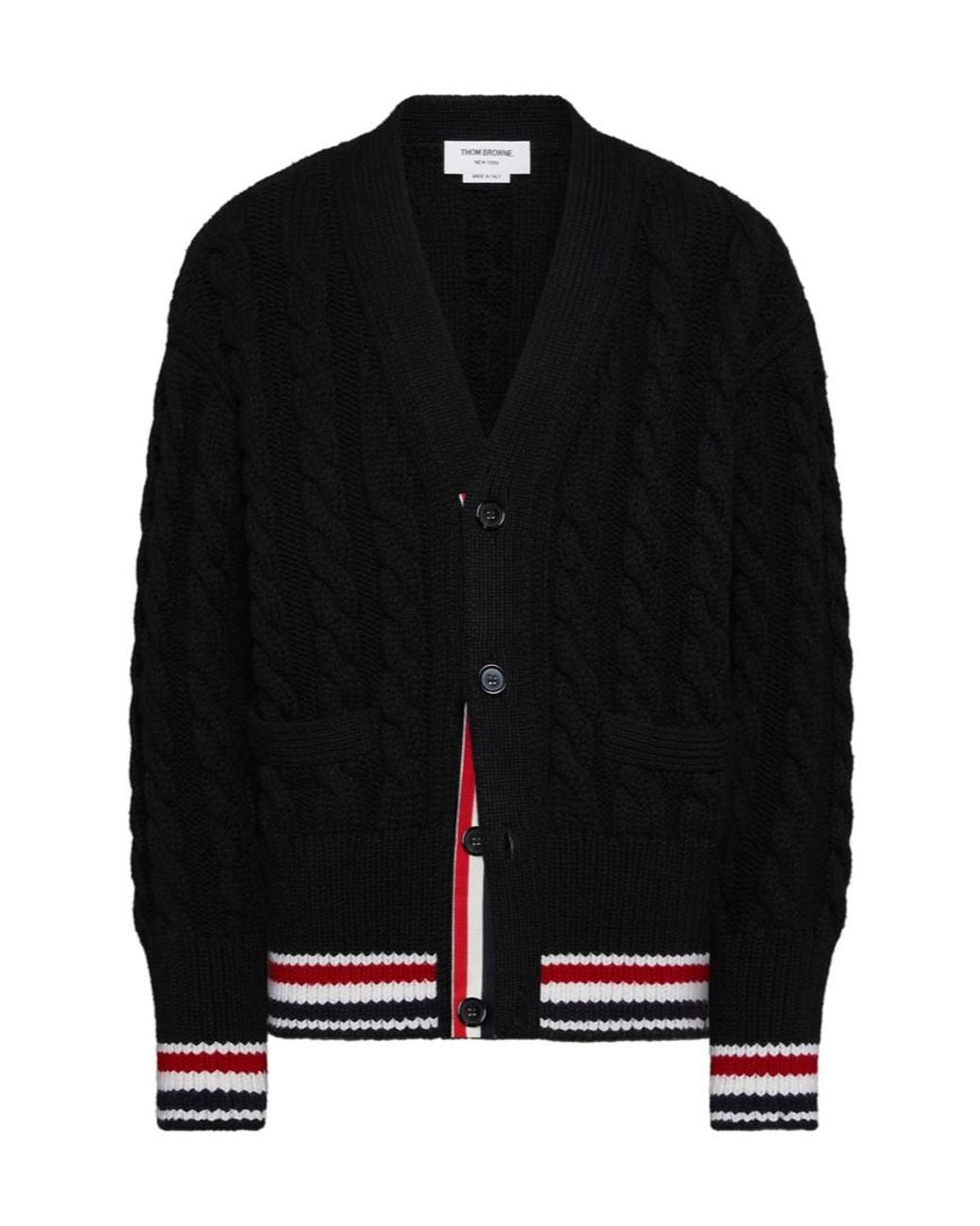 Thom Browne Black V-Neck Stripe-Hem Cardigan for men