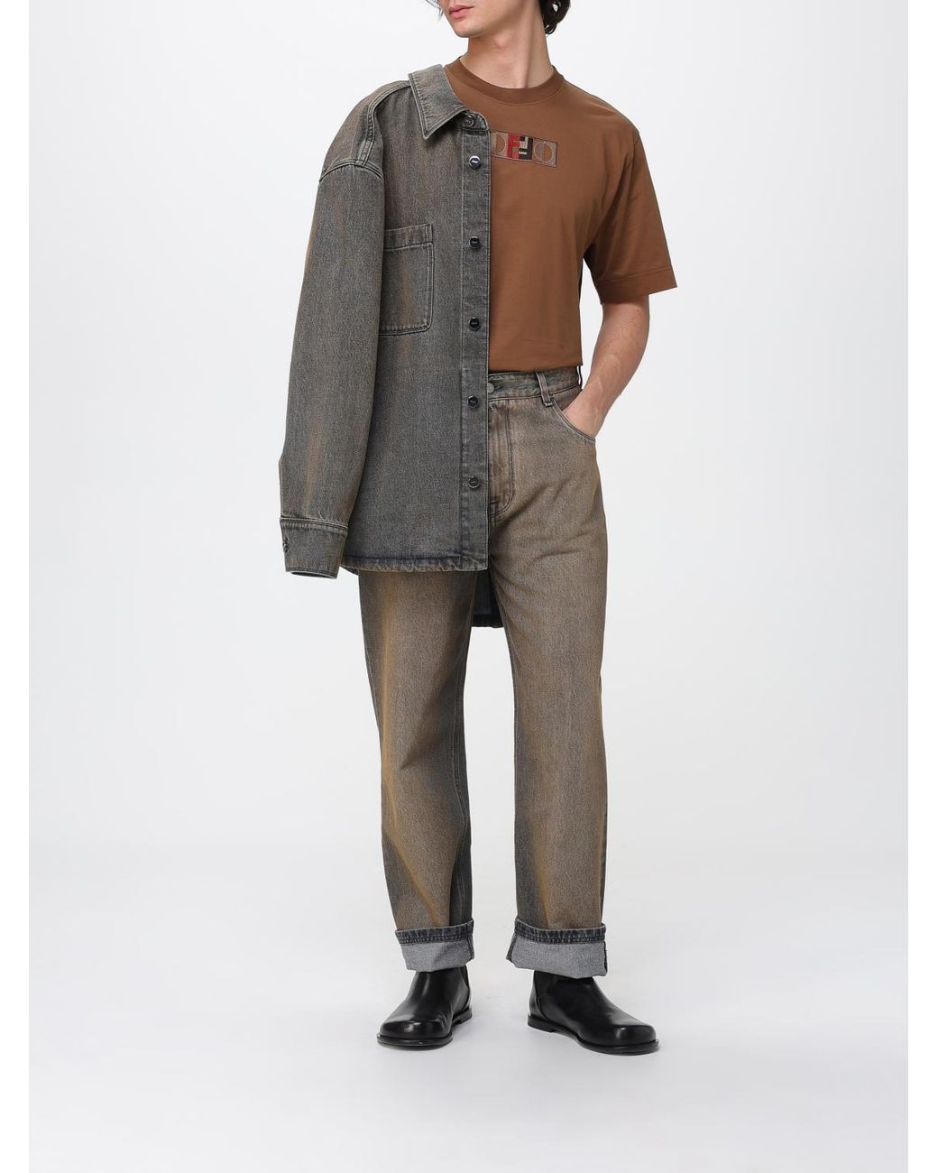 Fendi Gray Logo Patch Straight-Leg Long Jeans for men