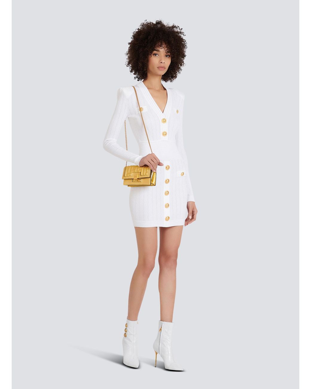 Balmain White Short Knitted Dress With Buttons