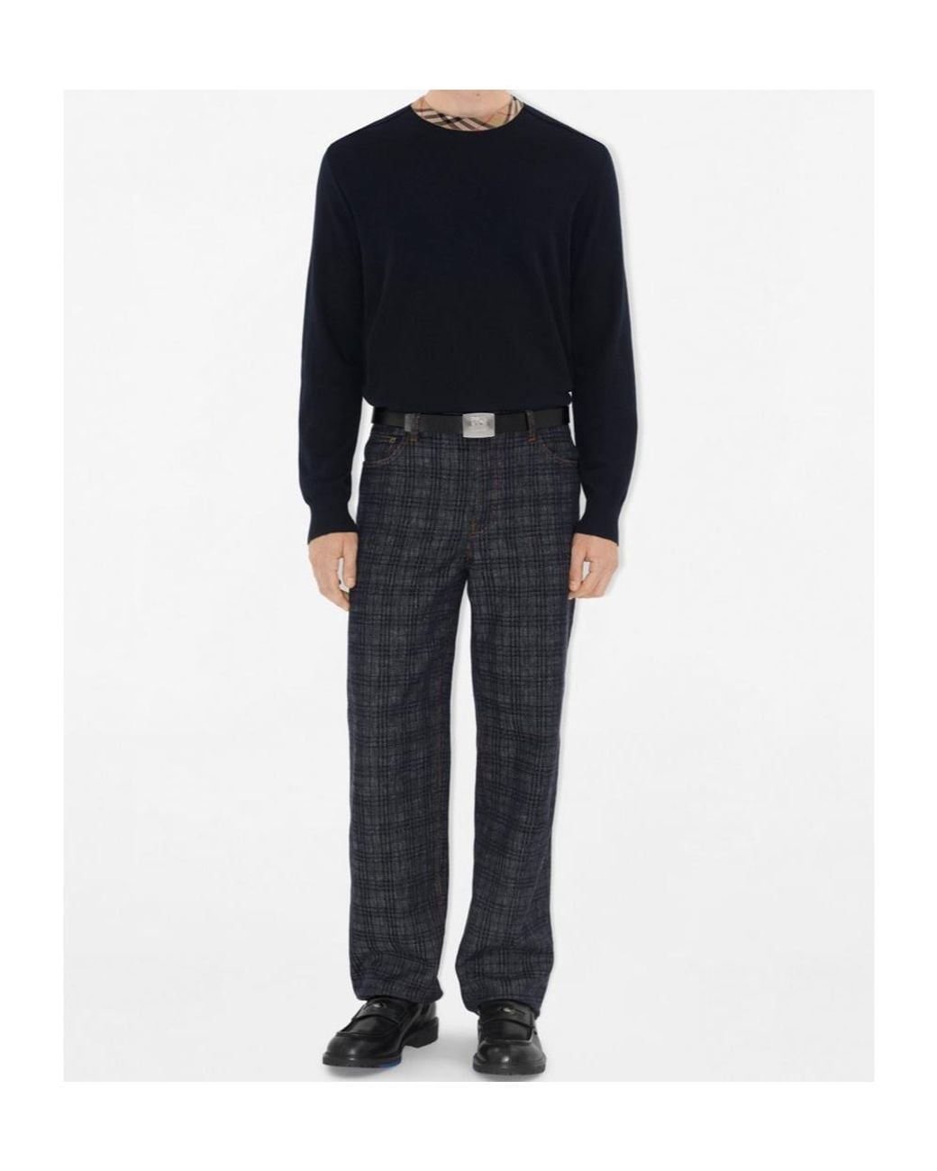 Burberry Black Checked Trim Crewneck Jumper for men