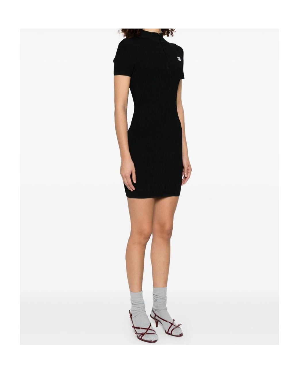Miu Miu Midweight Knit Ribbed Mini Dress in Black | Lyst
