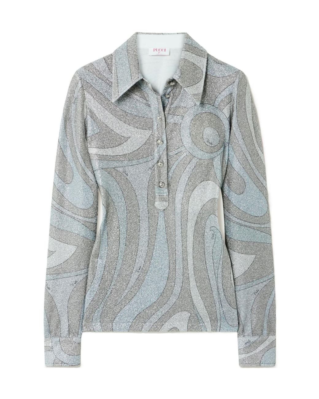 Emilio Pucci Gray Printed Metallic Jersey Polo Shirt