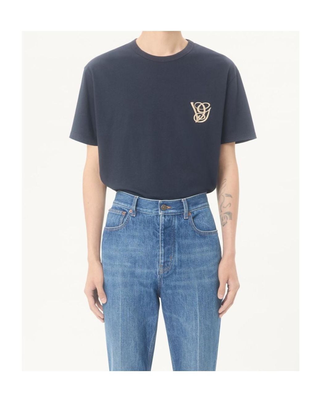 Valentino Blue Logo Embroidered Crewneck T-Shirt for men