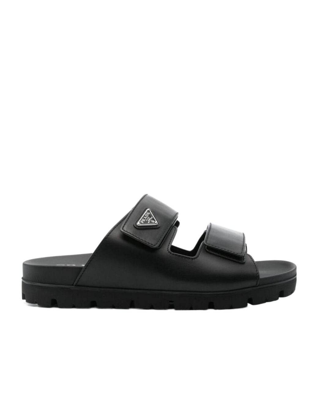 Prada Black Enamel-Triangle Slip-On Sandals for men