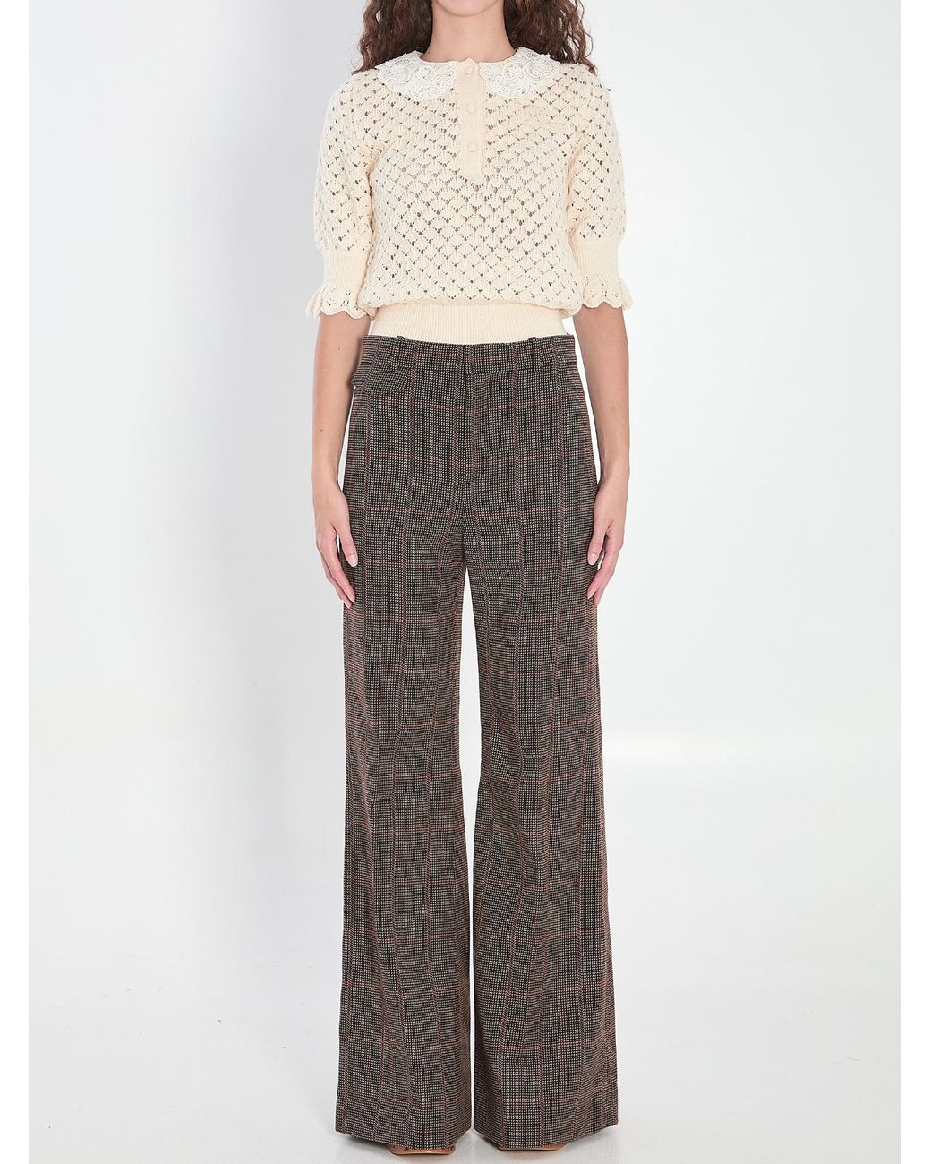 Chloé White Chloé Lace Trimmed Knitted Polo Shirt