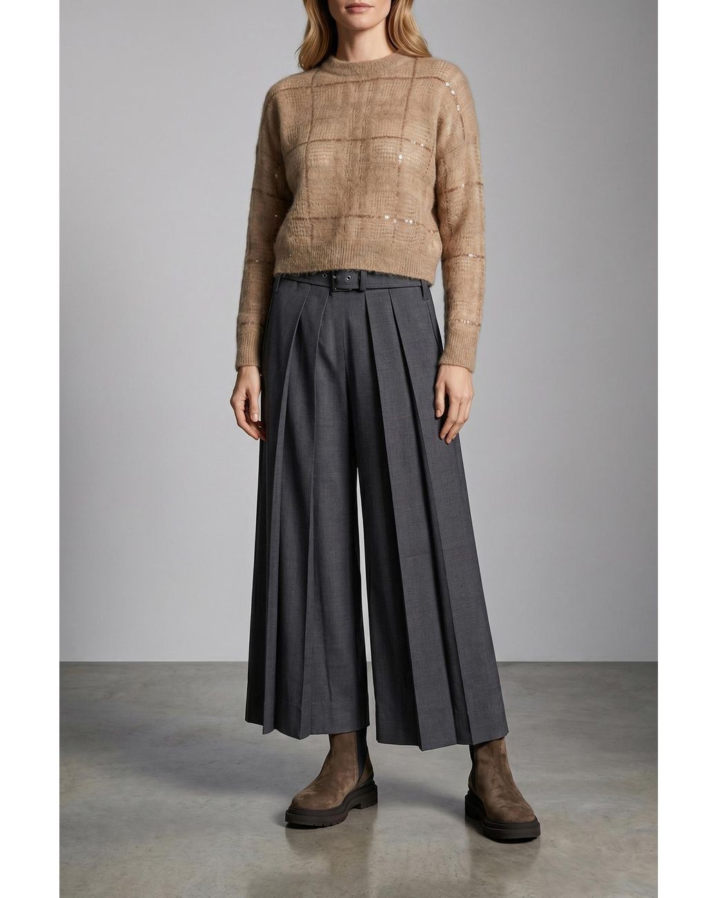 Brunello Cucinelli Natural Sequin Check Cropped Sweater