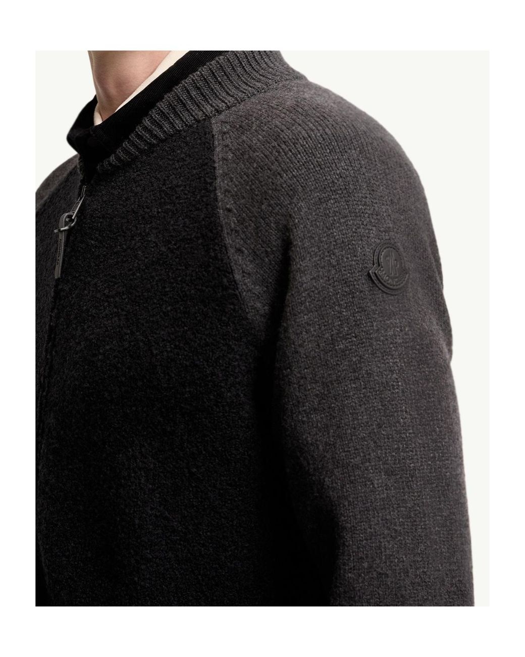 Moncler Black Bouclé Wool Cashmere Blend Zip Cardigan for men