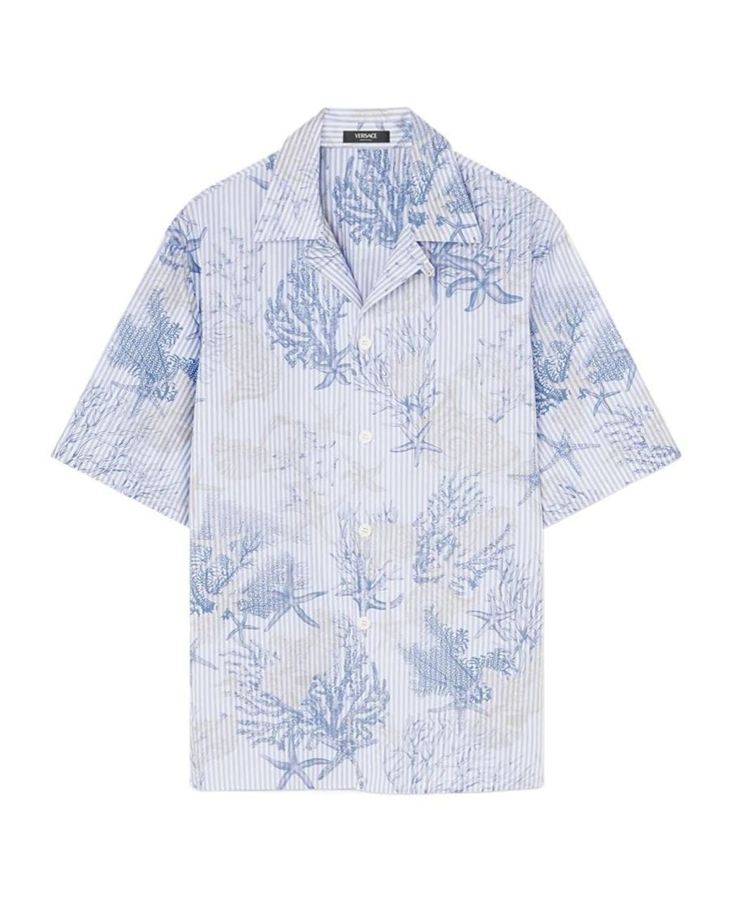 Versace Blue Barocco Sea Printed Short-Sleeved Shirt for men
